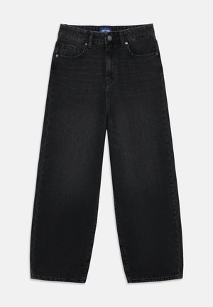 Sorte vide ben jeans lavet af denim, med høj talje, fire lommer og knaplukning. Strukturstof med en glat overflade.