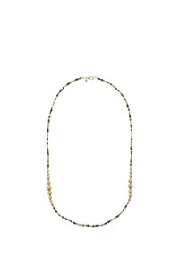 Collana di perline con accenti dorati, caratterizzata da piccole perline multicolori e perline più grandi in tonalità dorata, strutturate, in un design simmetrico.
