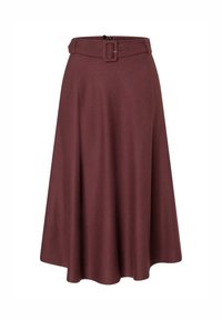 Bordeauxfarbene A-Linien-Rock aus strukturiertem Stoff mit einem breiten Taillenbund und einer Schnallenapplikation, ausgestattet mit einem Reißverschluss auf der Rückseite.