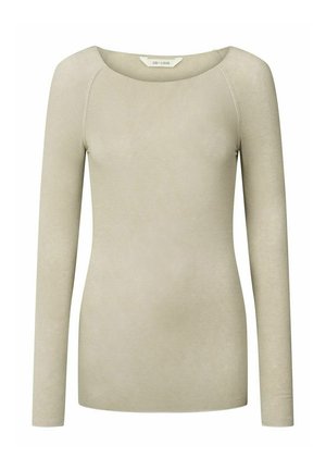 Lichtbeige lange mouwen top van zachte stof. Heeft een ronde hals, slim fit en minimale naaddetails op de mouwen.