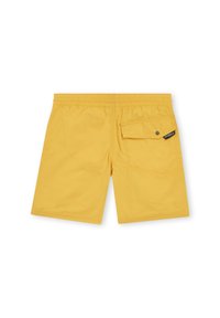 Gula simbyxor tillverkade av lättviktig textil, med elastisk midja, en bakficka med lock och en logotypapplikation.