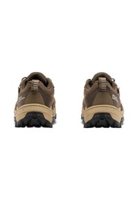 Brown hiking shoes with a mesh upper and reinforced heel. Features a textured rubber sole and logo detail on the side.