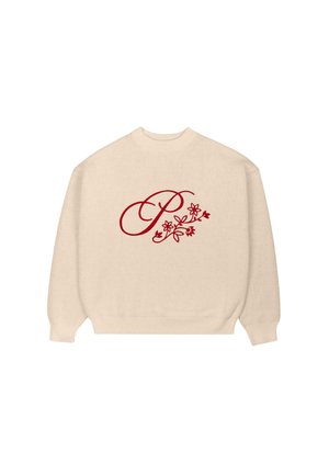 Beige crewneck sweater with a red cursive letter "P" and floral design on the front center.