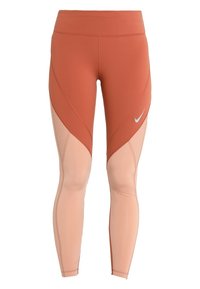 Leggings atletici con un tessuto principale color ruggine, pannelli in pesca chiaro a contrasto, dettagli in rete e un piccolo logo bianco sul lato.