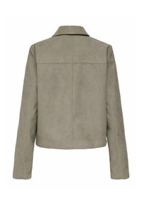 Kort, olivgrön mockajacka med krage, ryggparti och långa ärmar, med en slät yta och minimal detaljer.