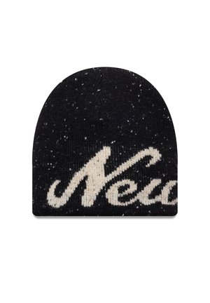Black knit beanie with a speckled texture and white cursive lettering "New." Rounded top with a snug fit, suitable for cold weather.