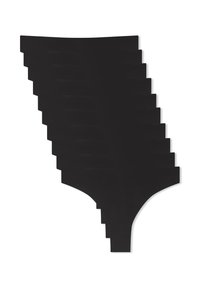 Materiale nero, liscio e flessibile, modellato come una serie di silhouette di perizoma sovrapposte, disposte in un motivo a cascata.