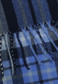 Sciarpa a quadri blu con diverse sfumature di blu, tra cui blu navy e blu chiaro, con dettagli di frange ai bordi e una texture morbida.