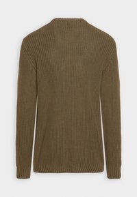 Gestrickter Pullover in olivgrün, mit langen Ärmeln, einem runden Halsausschnitt sowie gerippten Bündchen und Saum. Texturiertes Gewebe mit lockerer Passform.