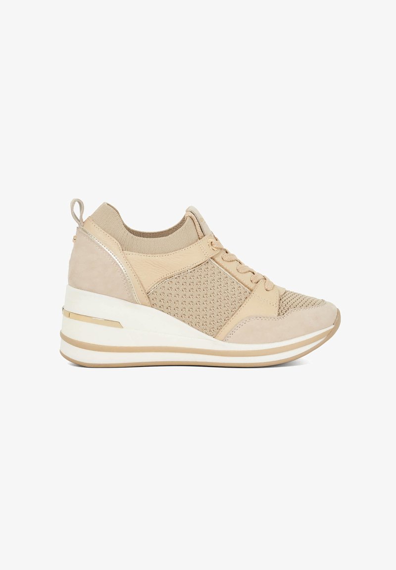 Beige athletic shoes with a mesh upper, suede accents, and a cushioned wedge sole, featuring lace-up closure and a looped pull tab.