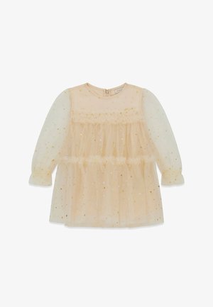 Robe en tulle pêche avec manches longues transparentes, motifs d'étoiles dorées, corsage froncé et fermeture éclair au dos. Tissu doux et léger.