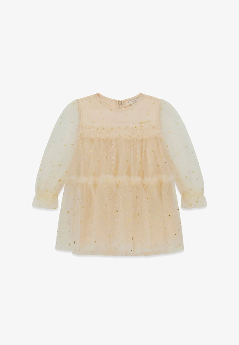 Robe en tulle pêche avec manches longues transparentes, motifs d'étoiles dorées, corsage froncé et fermeture éclair au dos. Tissu doux et léger.