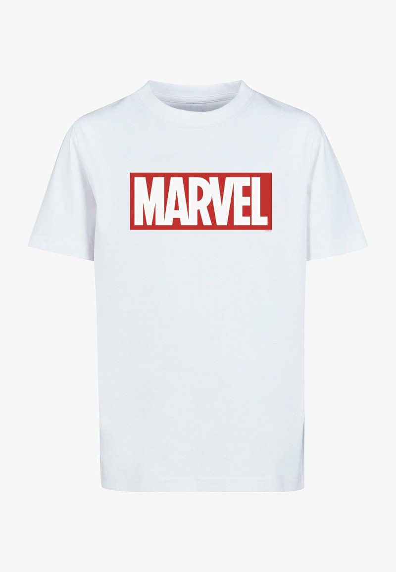 White cotton t-shirt featuring a large red rectangle with the text "MARVEL" in bold white letters. Crew neck design, short sleeves.