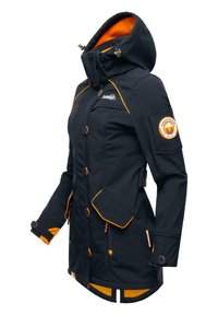 Navy blue jacket with orange accents, featuring a high collar, multiple front buttons, zippered pockets, and a logo patch on the sleeve.