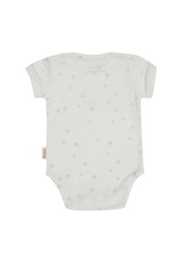 Weißes Baby-Bodysuit mit kurzen Ärmeln und leicht grauem Pfotenabdruckmuster sowie Druckknöpfen im Schritt.