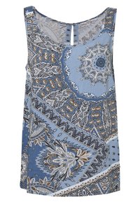 Blåmönstrad linne med en blandning av paisleymönster och blommor, med en nyckelhålsrygg och en slät tygtextur.