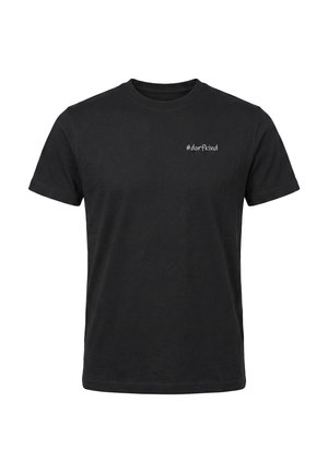 T-shirt noir à manches courtes avec col rond, texte hashtag blanc « #dorfkind » sur le côté gauche de la poitrine.