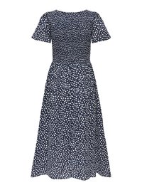 Marineblauwe midi-jurk met witte stippen, korte pofmouwen, een geplooide aansluitende bovenkant en een uitlopende rok.