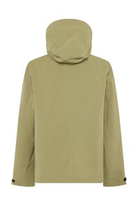 Khaki waterdichte jas met capuchon, voorzien van een rechte snit, lange mouwen en een minimalistisch ontwerp. Geen zichtbare gespen of patronen.