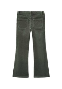 Grüne, ausgestellte Jeans aus weichem Baumwollstoff mit glatter Textur, ausgestattet mit zwei Gesäßtaschen und einem hüftlangen Bund.