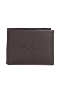 Portafoglio in pelle marrone con una superficie liscia, design a bi-fold e logo impresso. I bordi sono cuciti per garantire durabilità. Forma compatta e rettangolare.
