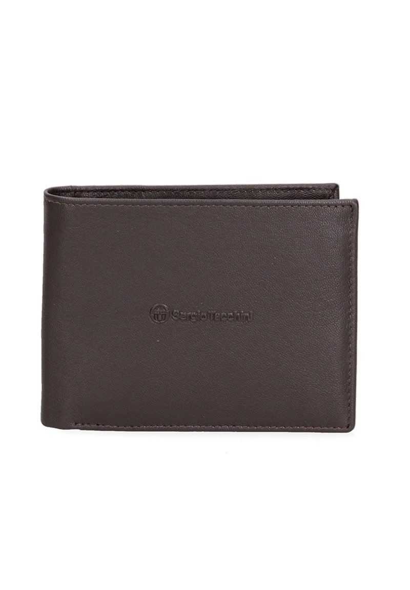 Portafoglio in pelle marrone con una superficie liscia, design a bi-fold e logo impresso. I bordi sono cuciti per garantire durabilità. Forma compatta e rettangolare.