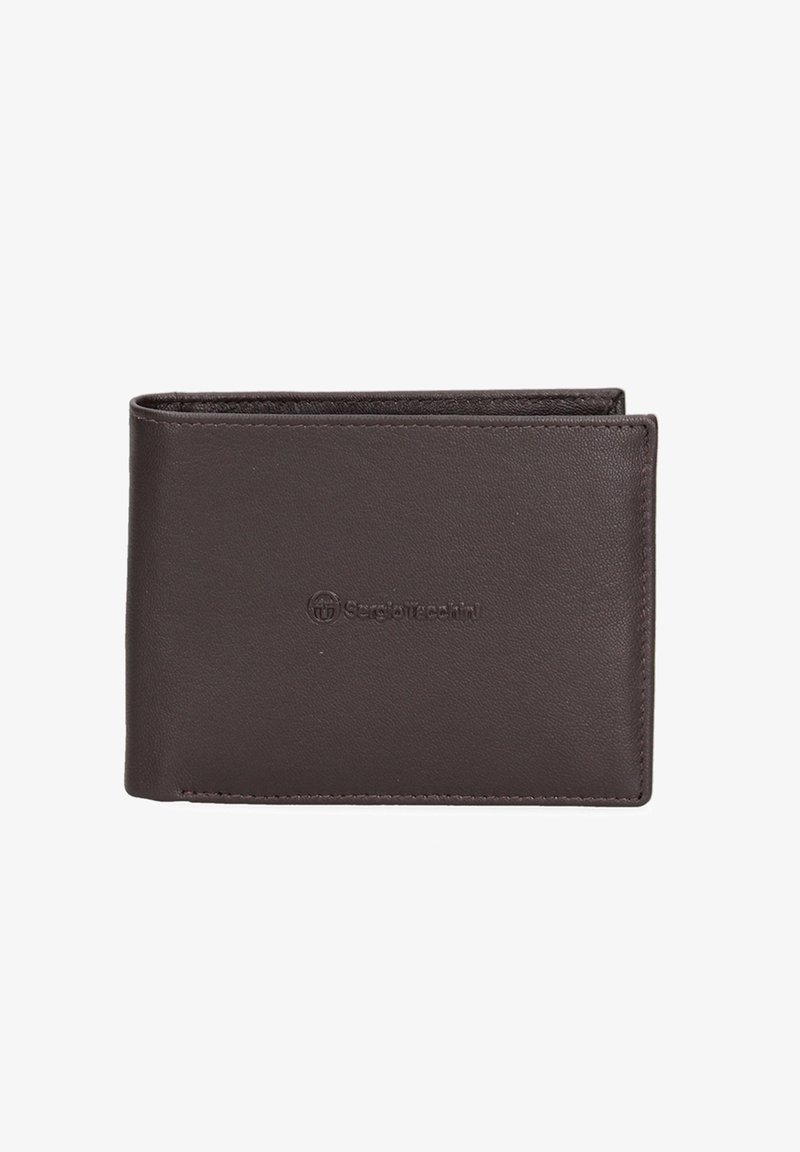 Portefeuille en cuir marron avec une texture lisse, design à deux volets et logo en relief. Les bords sont cousus pour plus de durabilité. Forme compacte et rectangulaire.