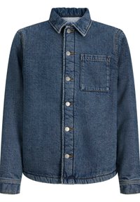 Blaue Jeansjacke mit langen Ärmeln, Brusttasche, Knopfverschluss und klassischem Kragen, mit braunen Nähdetails.