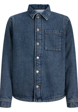 Blaue Jeansjacke mit langen Ärmeln, Brusttasche, Knopfverschluss und klassischem Kragen, mit braunen Nähdetails.