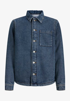 Blaue Jeansjacke mit langen Ärmeln, Brusttasche, Knopfverschluss und klassischem Kragen, mit braunen Nähdetails.