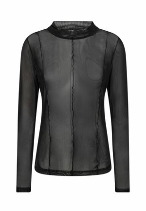 Top en maille noire transparente à manches longues, avec des détails de coutures visibles et un col rond.