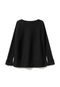 Maglione nero a maglia con texture a coste, collo rotondo, maniche lunghe e spacchi laterali all'orlo, progettato per una vestibilità comoda.