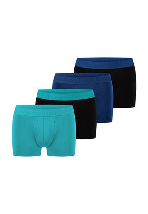Four men's boxer briefs in two colors, two turquoise with matching waistbands and two black with blue waistbands, arranged in a diagonal line.