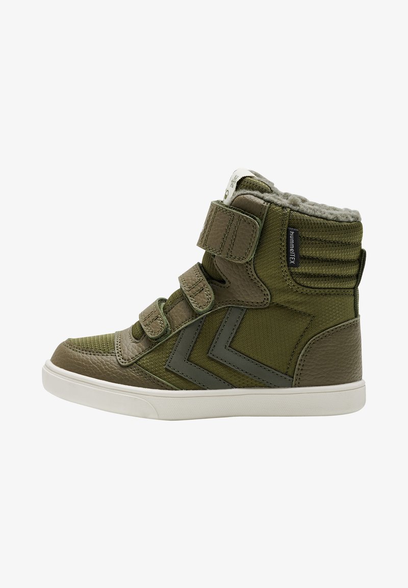 Groene high-top sneakers van leer en textiel, met verstelbare klittenbandstraps, rubberen zool en een zachte voering voor comfort.