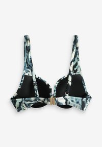 Dreieckiger Bikini-Oberteil in Schwarz und Blau mit einem rüschierten Saum, verstellbaren Trägern und einem goldfarbigen Verschluss auf der Rückseite.