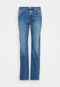 Světle modré džíny z denimu s rovnými nohavicemi, pěti kapsami, klasickým zapínáním na knoflík a jemným vyblednutím na nohách.