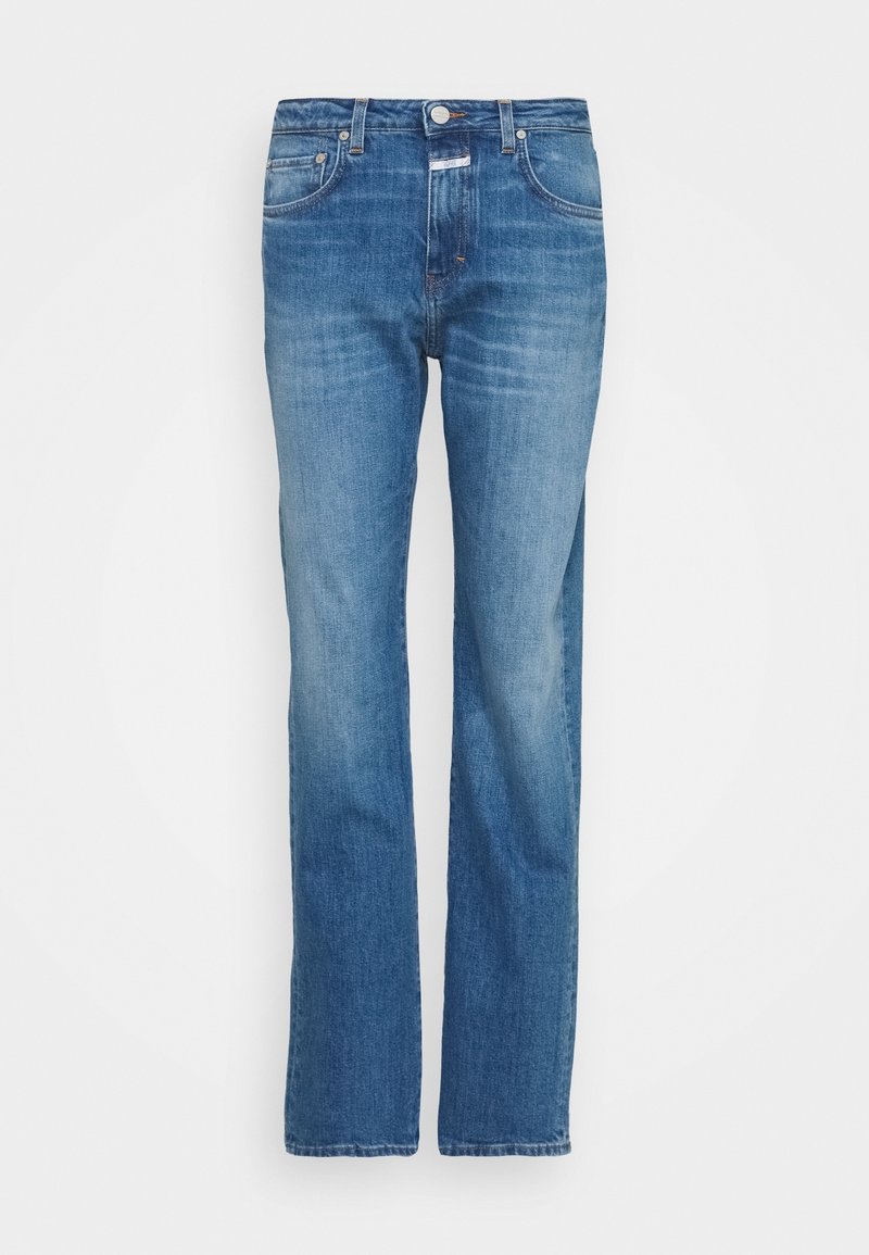 Světle modré džíny z denimu s rovnými nohavicemi, pěti kapsami, klasickým zapínáním na knoflík a jemným vyblednutím na nohách.