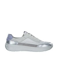 Weißer Sneaker mit silbernen metallischen Akzenten und einer helllila Ferse. Besitzt eine glatte Textur, eine abgerundete Form und kontrastierende Nähte.