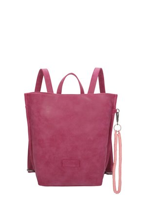 Pink leather backpack with a minimalist design, featuring adjustable straps, a top handle, and a side tassel detail.