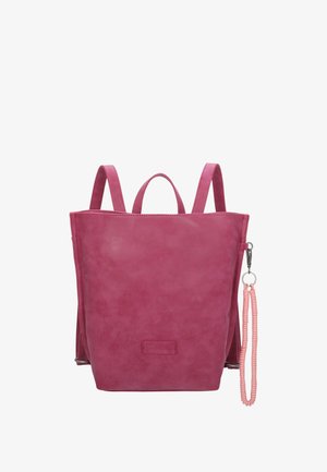 Pink leather backpack with a minimalist design, featuring adjustable straps, a top handle, and a side tassel detail.