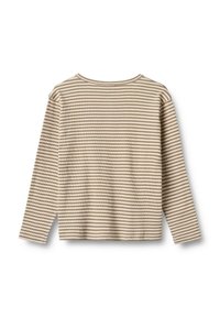 Pitkähihaista paitaa ribbikankaasta, jossa on beige ja ruskea raitakuosi. Pyöreä pääntie ja rento malli.
