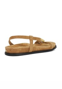 Brown suede sandal with a flat sole, featuring a single toe strap and a back strap. Gold-tone hardware accents are visible.