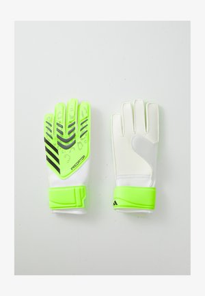 Guanti da portiere verde neon con dettagli neri, impugnatura texturizzata sul palmo, retro bianco e cinturino regolabile per una vestibilità sicura.