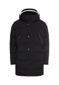 Sort isoleret vinterparka med hætte, frontknaplukning og fire lynlåslommer, designet til beskyttelse mod kulde.