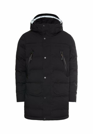 Sort isoleret vinterparka med hætte, frontknaplukning og fire lynlåslommer, designet til beskyttelse mod kulde.