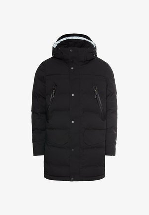 Black insulated winter parka with hood, front snap buttons, and four zippered pockets, designed for cold weather protection.
