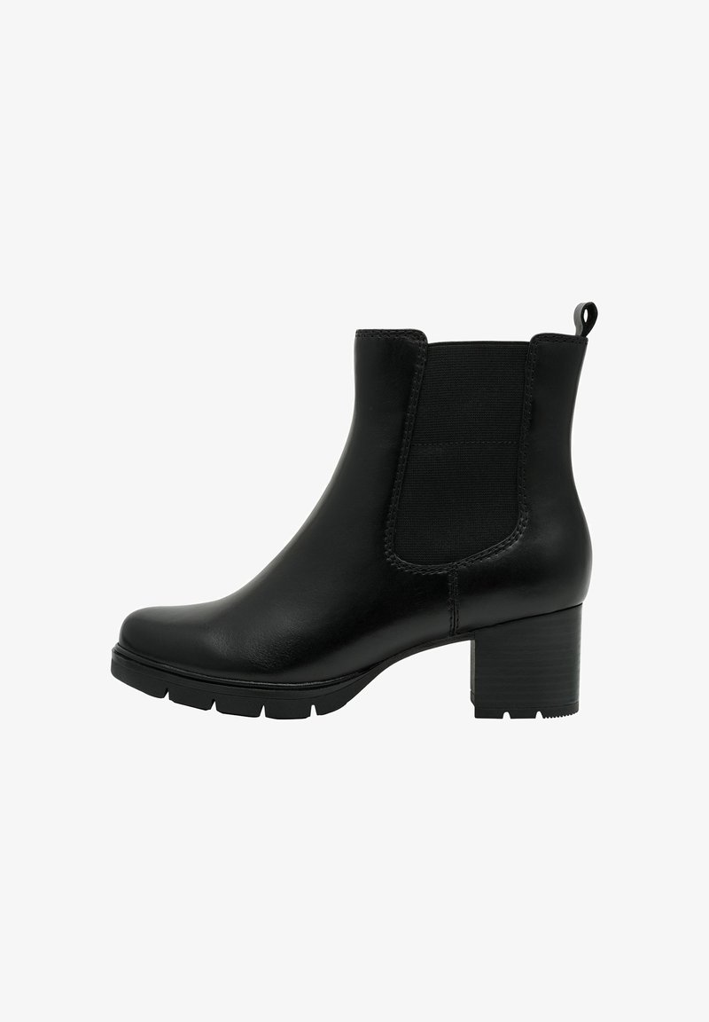 Bottine en cuir noir avec des panneaux élastiques sur les côtés, bout arrondi et talon bloc. Texture lisse avec une languette à l'arrière pour un enfilage facile.