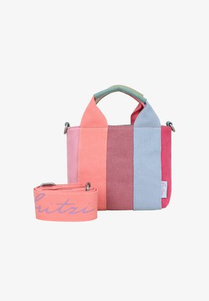 Small rectangular fabric handbag with vertical pastel stripes in pink, mauve, and light blue, featuring short handles and a matching detachable strap.