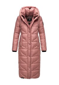 Long puffer coat in light pink with a quilted design. Features a hood, front zipper, snap buttons, and side pockets. Smooth, shiny fabric.