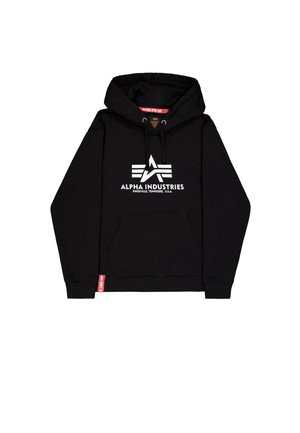 Schwarzer Hoodie aus Baumwolle mit einer Fronttasche, versehen mit einem weißen Logo "ALPHA INDUSTRIES" und einem darunter liegenden Stern-Design, mit Kordelzugkapuze.